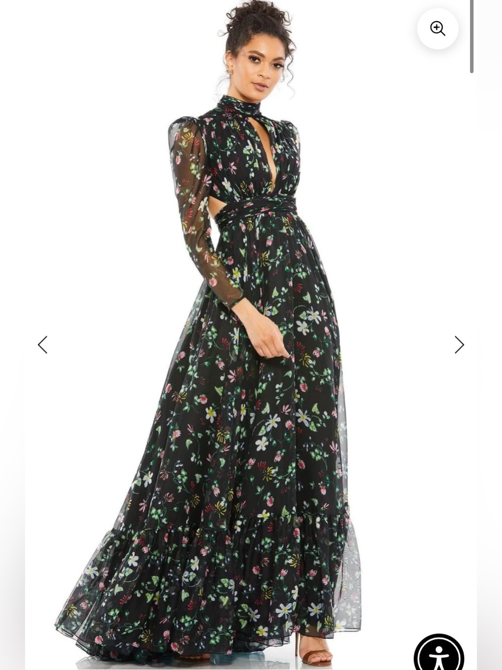 NWT Mac Duggal 67942 Black Floral Chiffon Puff Sleeve Gown Size 2